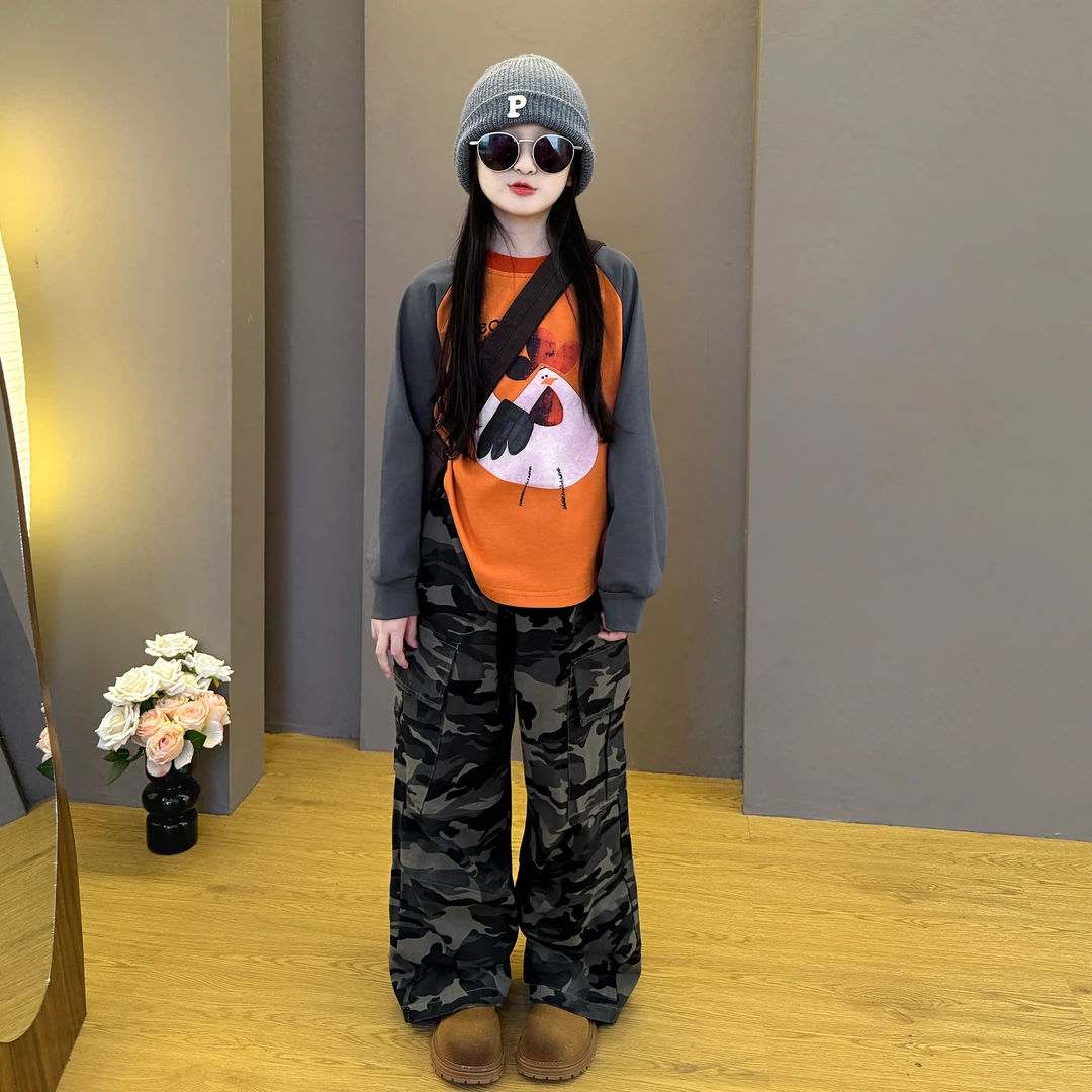 女童2025新款中大童韩版洋气春秋季卫衣宽松阔腿工装迷彩裤套装潮