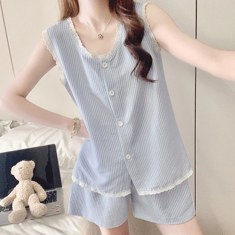 夏季新款女大学生睡衣女款甜美高颜值小飞袖条纹家居服套装可外穿