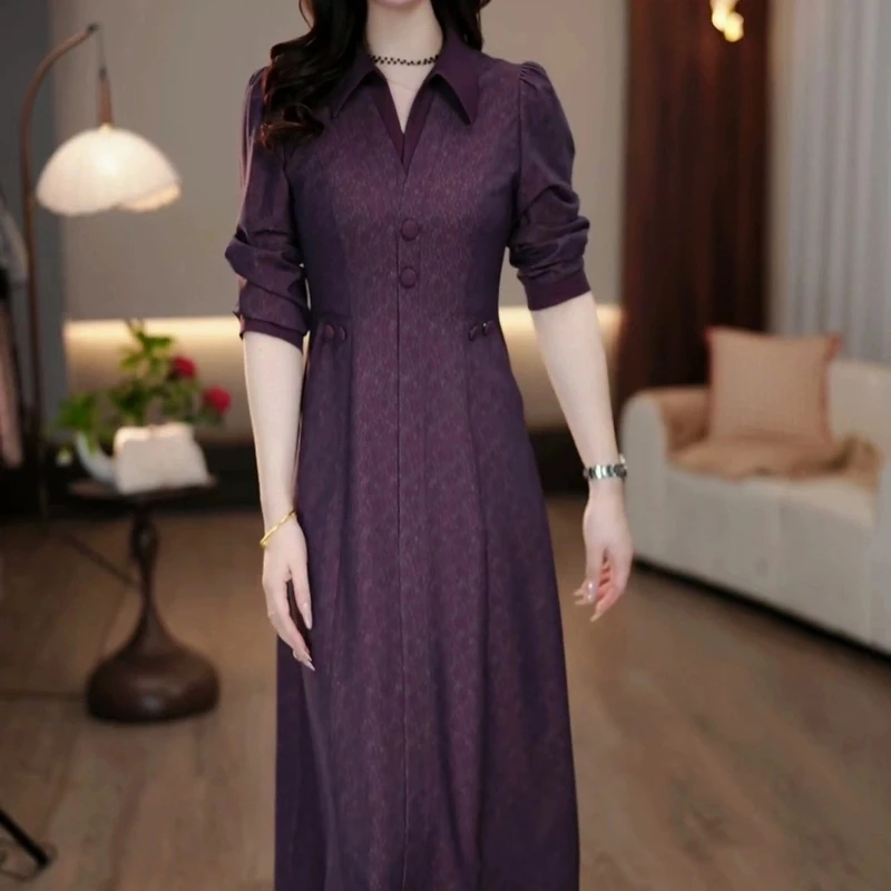 华贵优雅2025春款紫色气质复古收腰沉稳大气女士显瘦假两件连衣裙