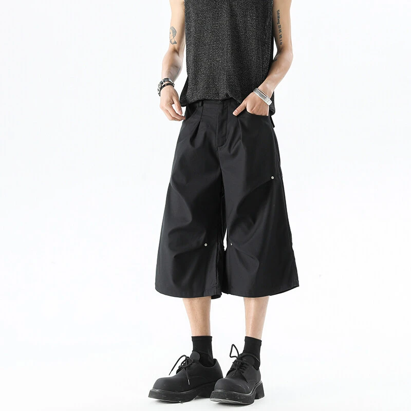 夏季美式高街褶皱cleanfit柳钉七分中裤男士宽松百搭休闲裤子潮流