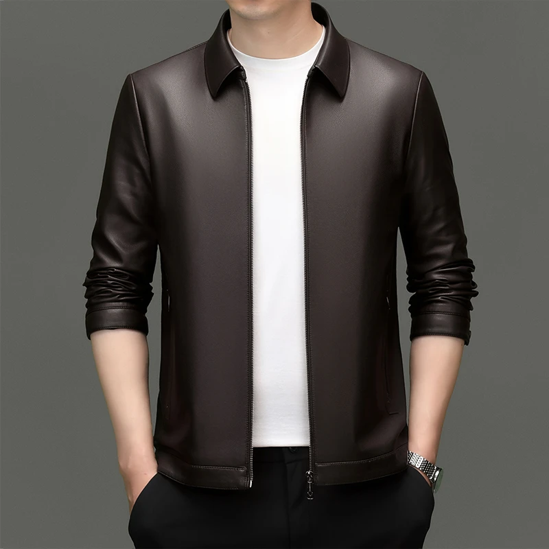 【年底特惠】8586海宁牛皮拉链款高档男士翻领立领商务休闲皮衣
