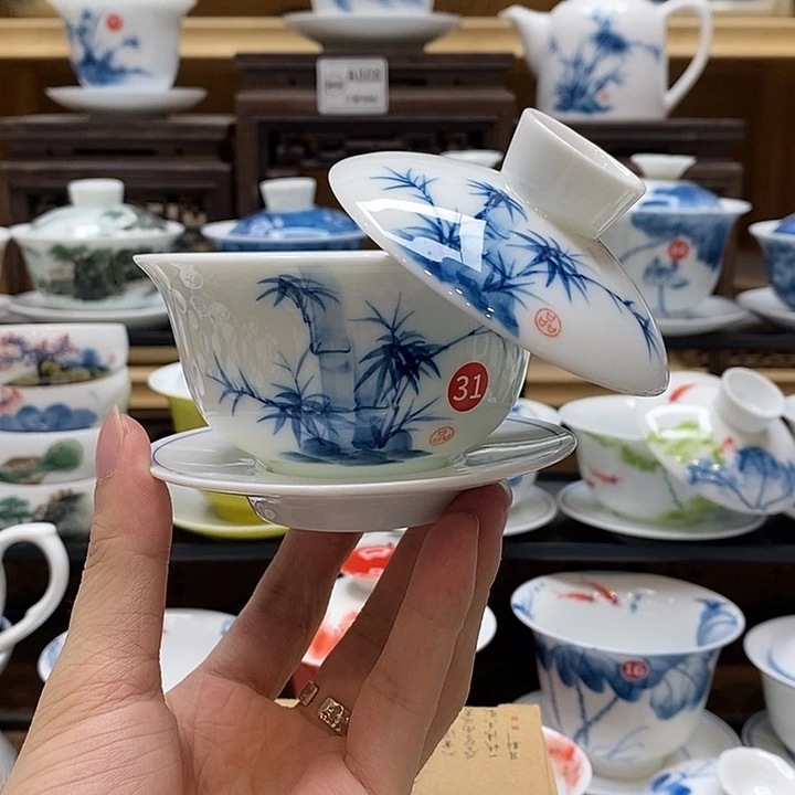 手绘竹子悬停盖碗150cc釉下彩微瑕福利款