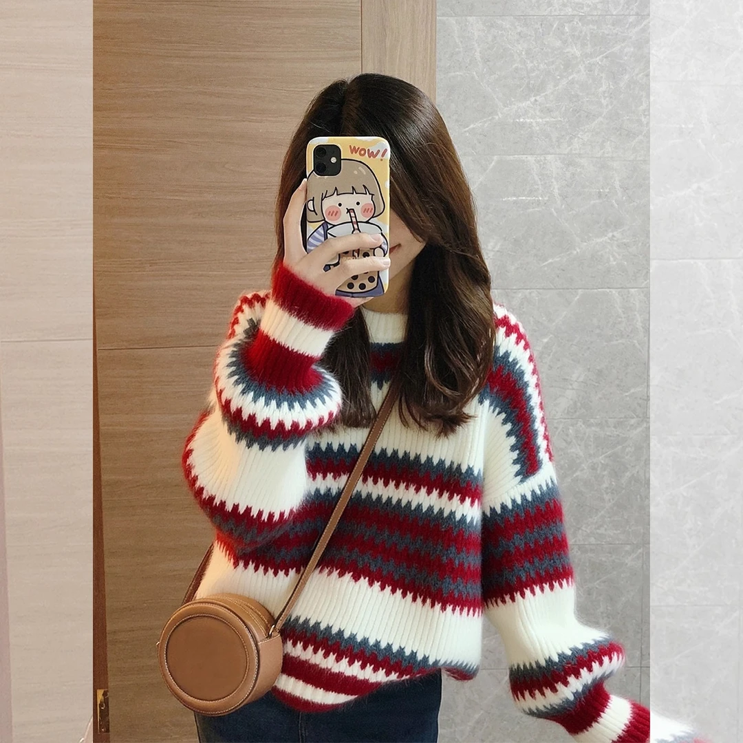 2025冬季新款圣诞红色费尔岛条纹加厚套头毛衣女慵懒高级感针织衫