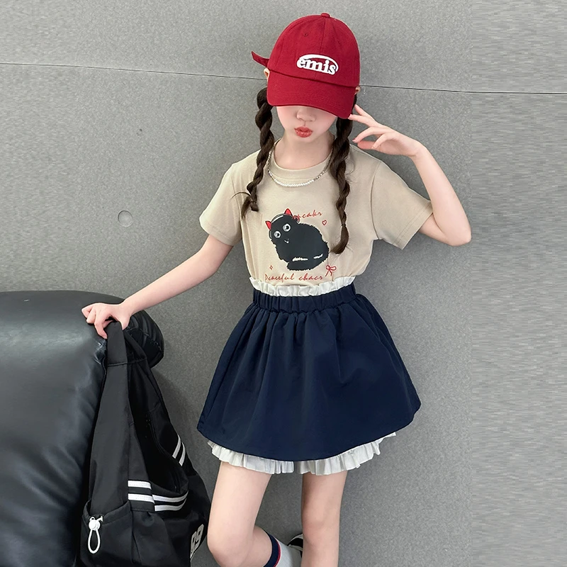 女童学院风裙裤两件套2025夏季新款女大童时髦短袖假两件短裙套装