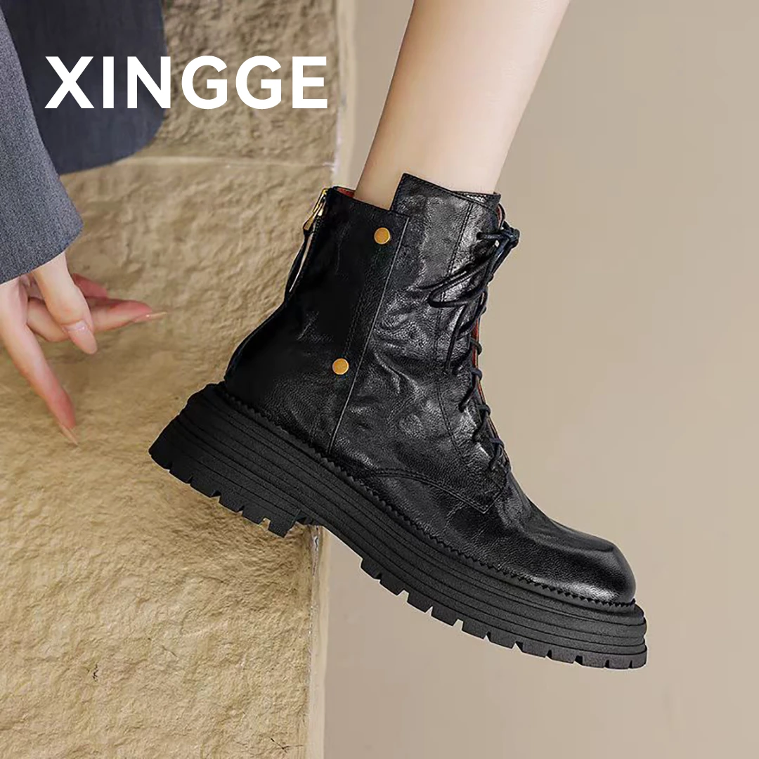 XINGGE/幸格英伦风厚底马丁靴新款秋冬加绒粗跟短靴小短靴女款