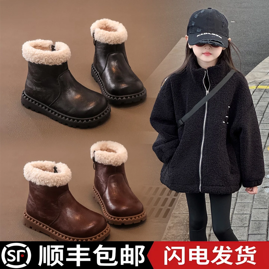 阿童木女童鞋儿童马丁短靴新款加绒棉鞋冬季女宝宝保暖雪地靴皮靴