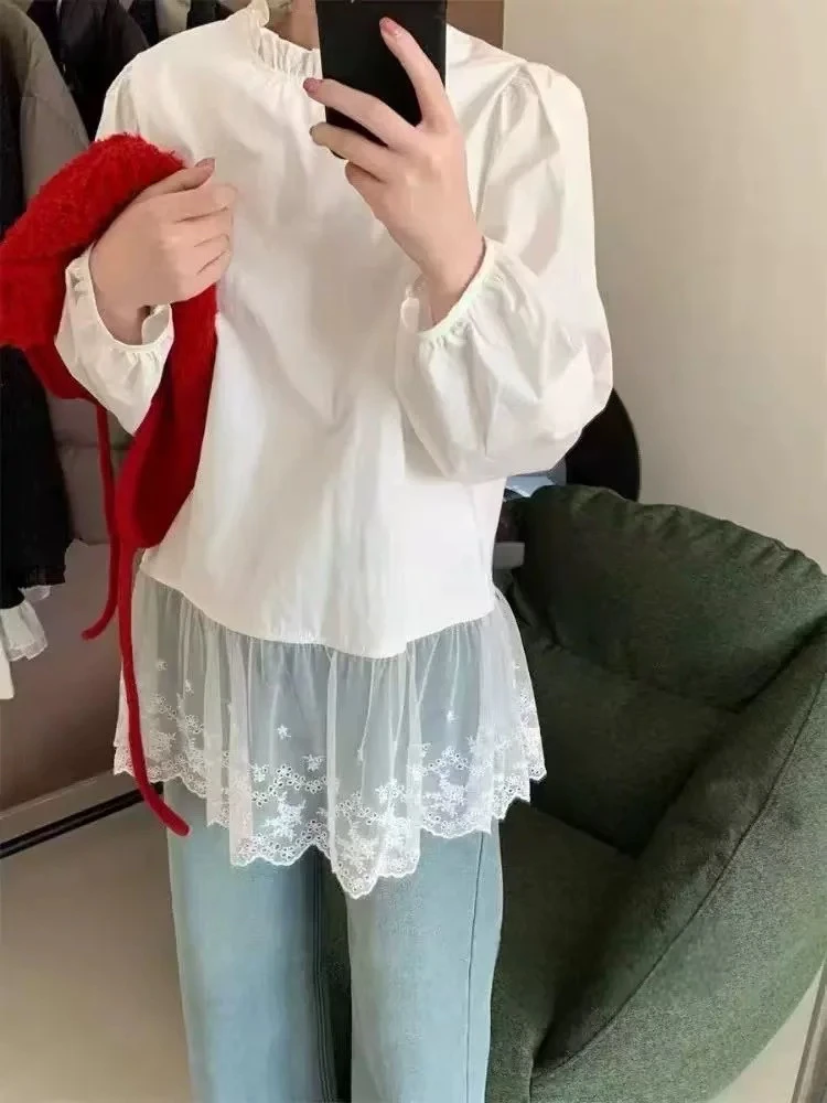 法式蕾丝拼接泡泡袖衬衫女春秋内搭叠穿木耳边宽松显瘦打底上衣潮