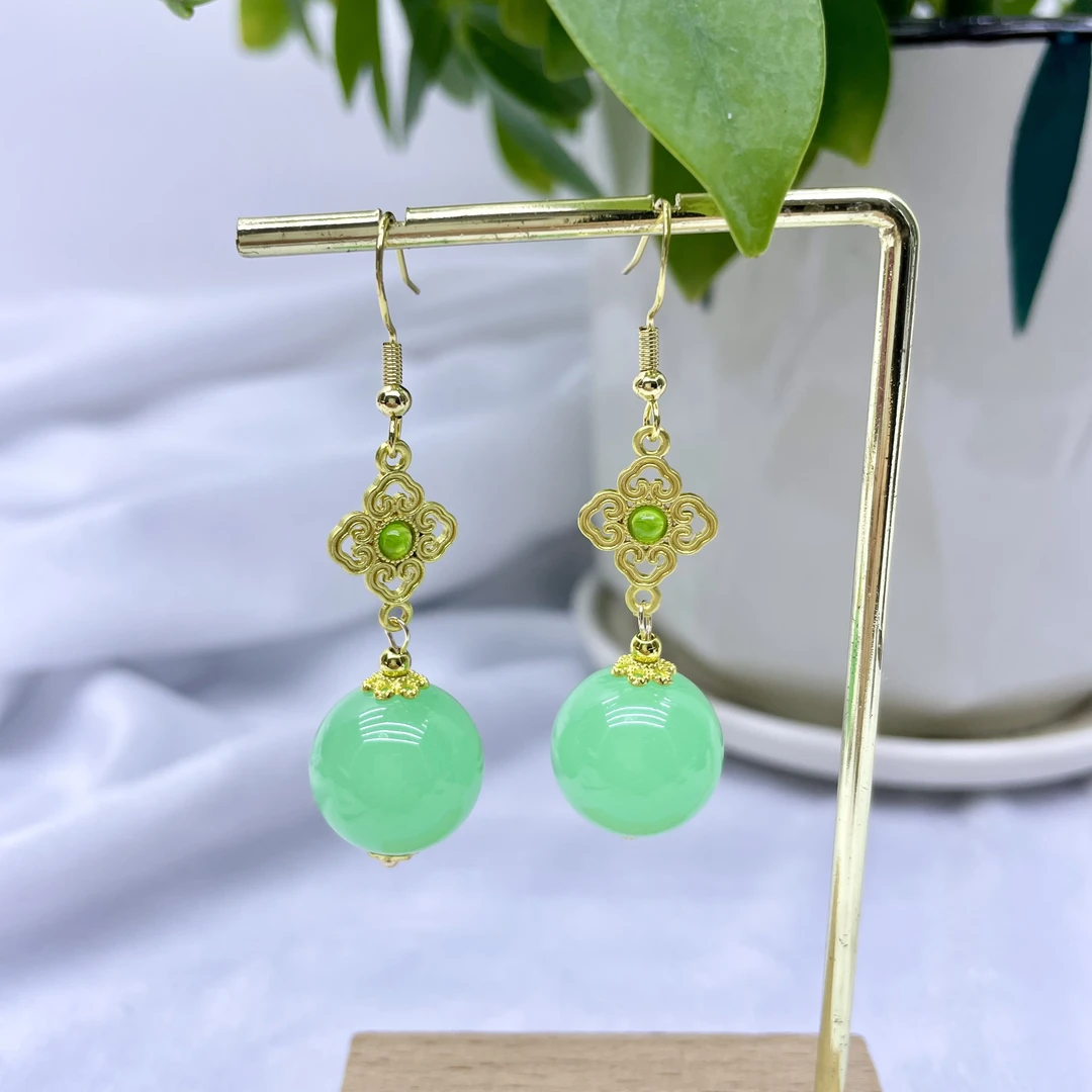 合金亚克力耳饰 绿色夜光珠耳坠女款耳环古风四叶草民族风饰品403