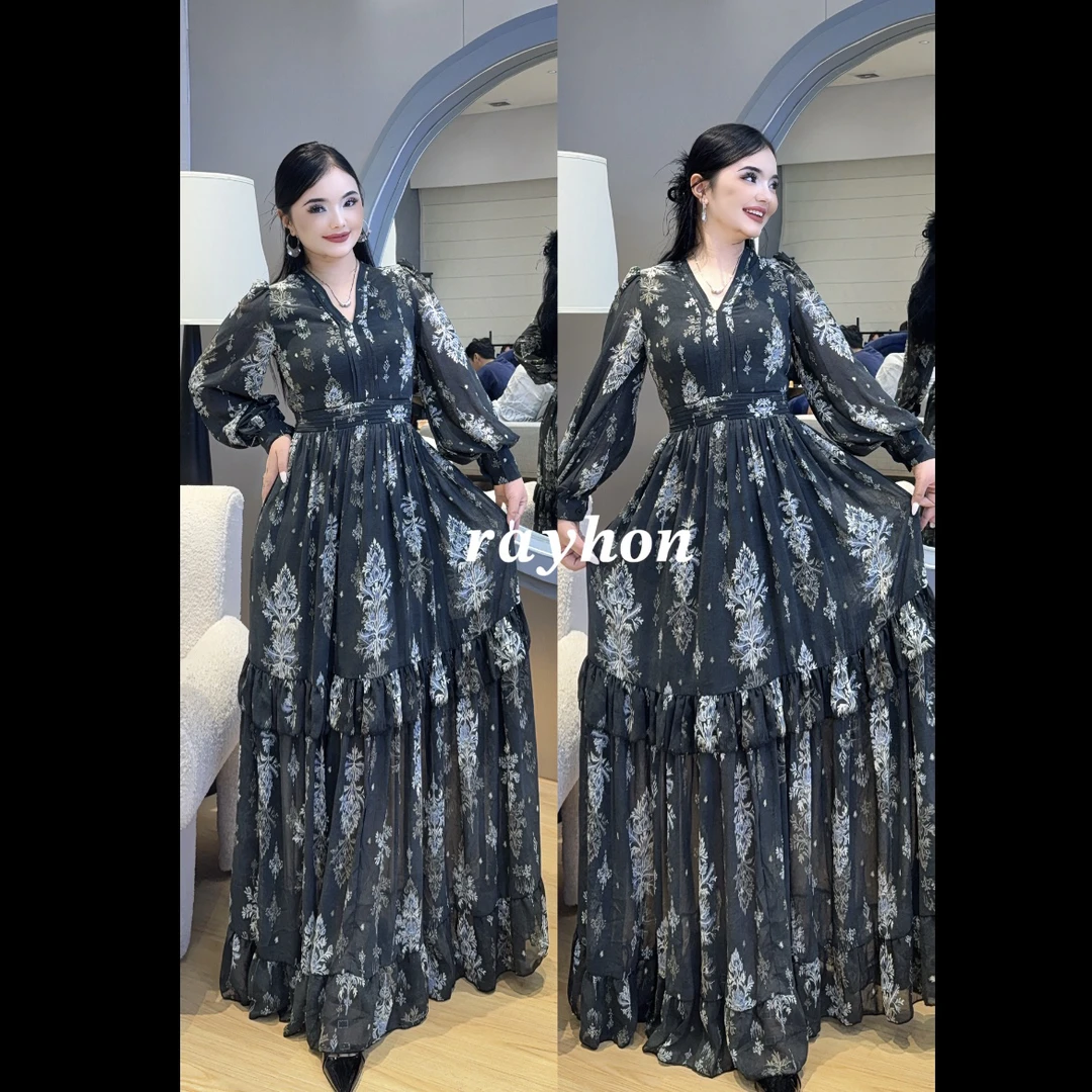 Rayhon新款紫罗兰碎花长袖设计感长款气质显瘦印花连衣裙