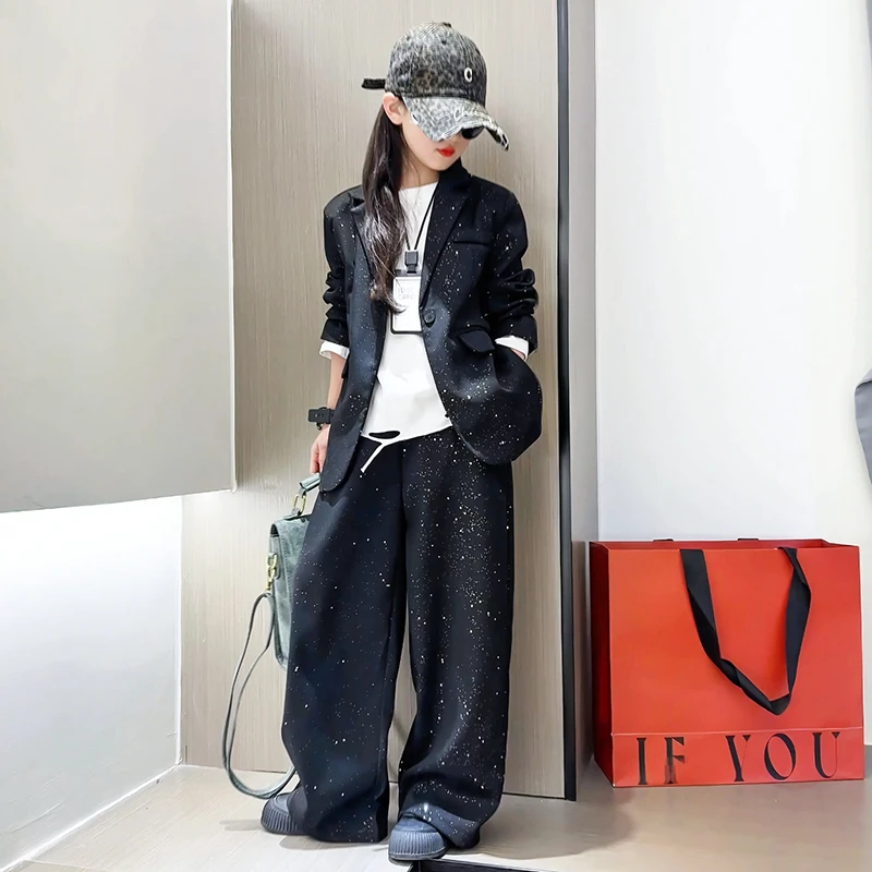 女童撒银春装套装2025新款中大童春秋洋气西服儿童街舞两件套