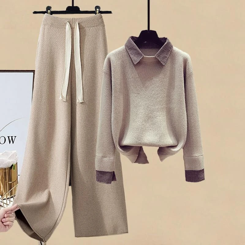 秋冬季套装女洋气炸街新款假两件毛衣+高腰垂感针织阔腿裤两件套