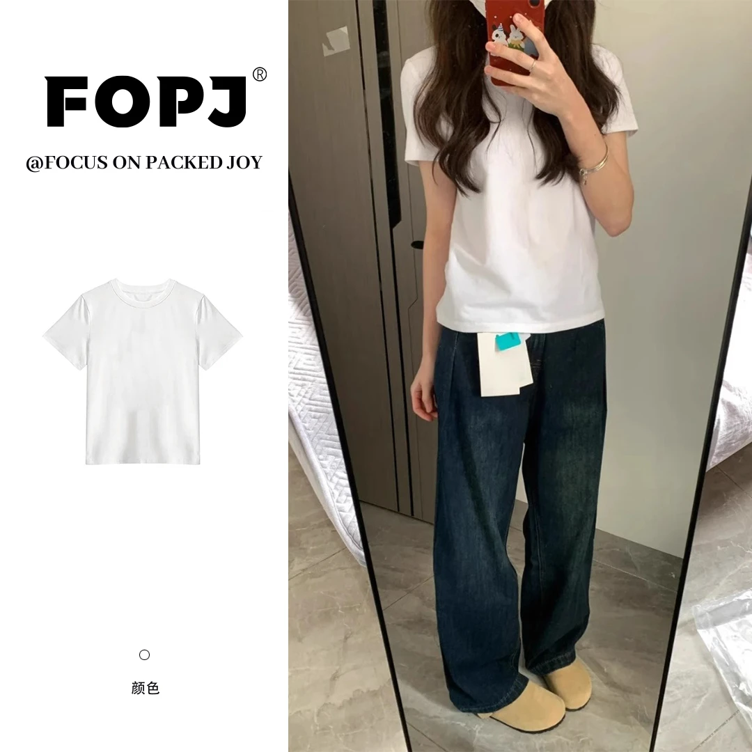 FOPJ美式复古白色正肩短袖t恤女简约风圆领时尚百搭修身显瘦上衣