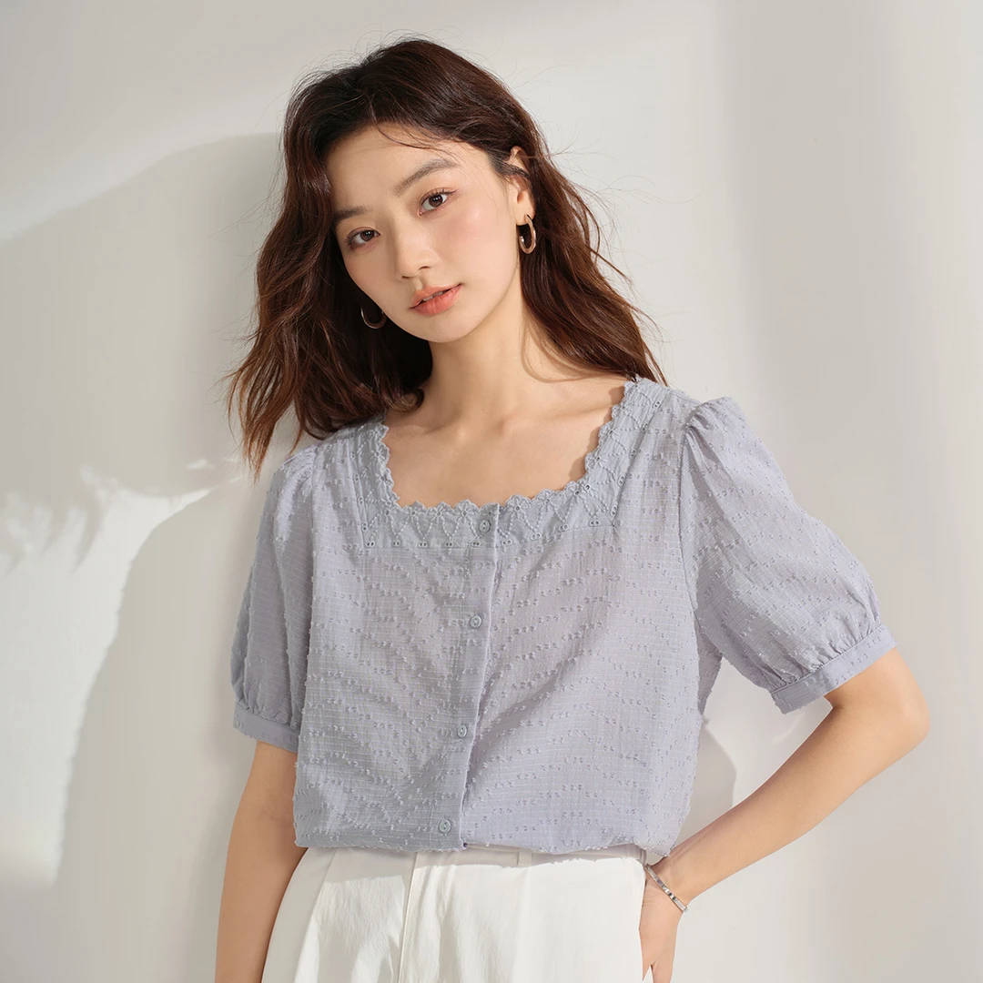 茵曼夏季花边方领纯棉短袖衬衫法式泡泡袖显瘦衬衣女