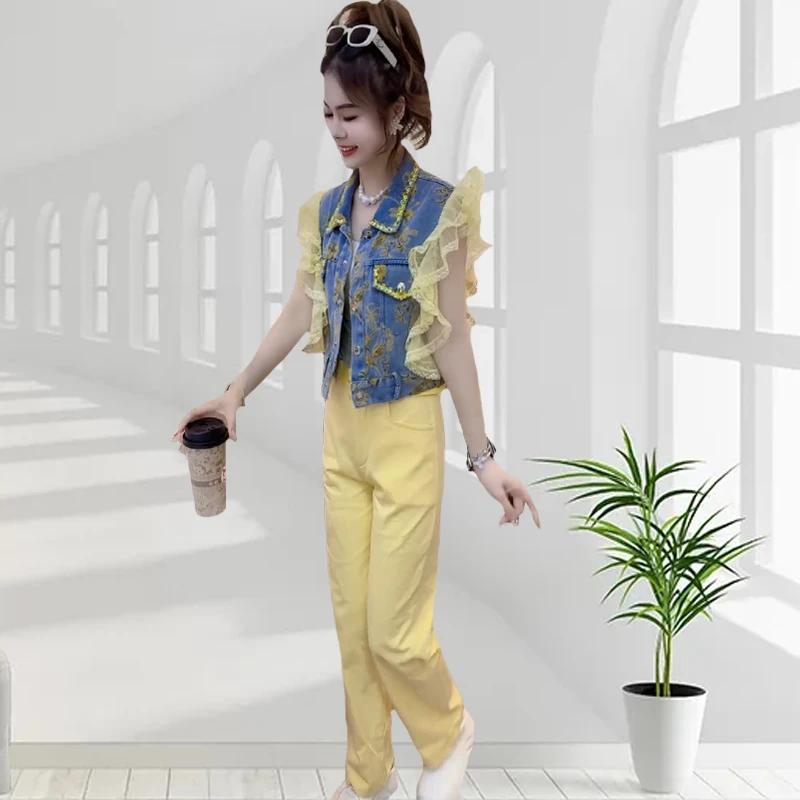 夏季新款网红洋气套装658休闲百搭气质显瘦蕾丝花边牛仔马甲+长裤