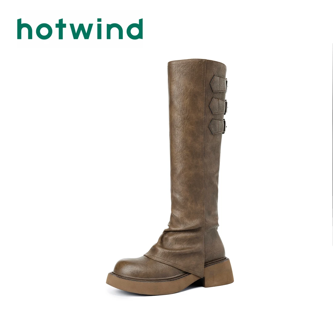 Hotwind/热风秋季时尚不过膝厚底百搭五金塔扣做旧雅丹风粗跟堆靴
