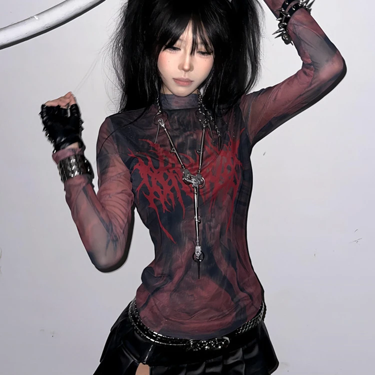 美式y2k亚文化上衣女复古千禧辣妹风朋克摇滚穿搭印花网纱长袖t恤