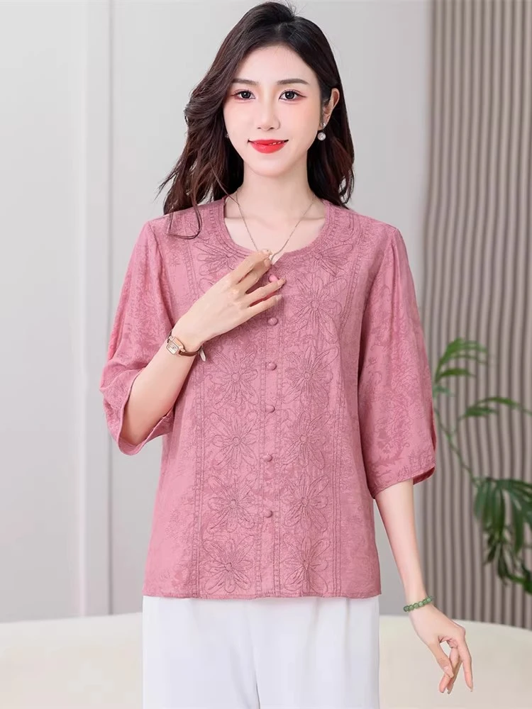 妈妈装提花棉麻T恤小衫夏新款中老年女大码宽松短袖刺绣上衣衬衫