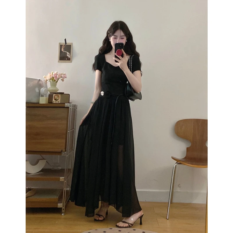 大码夏季法式气质时髦性感连衣裙方领不规则收腰显瘦高级感长裙子