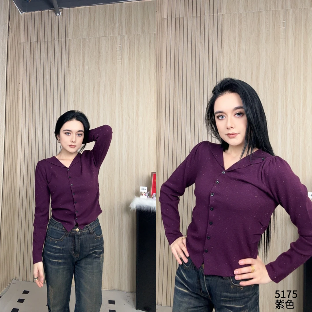 气质翻领修身针织套衫YF5175