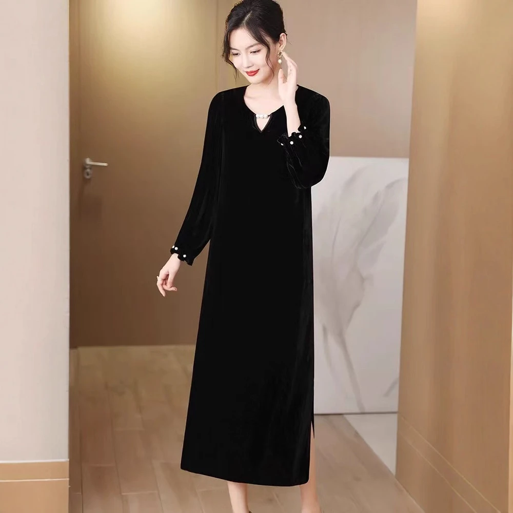 [9月】金丝绒秋季连衣裙女2025新款轻奢高级感气质赫本风长袖裙子
