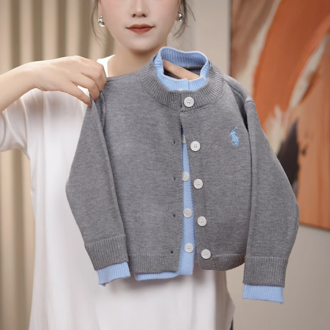 新款儿童韩版针织开衫毛衣刺绣时尚百搭男女款休闲宝宝假两件外套