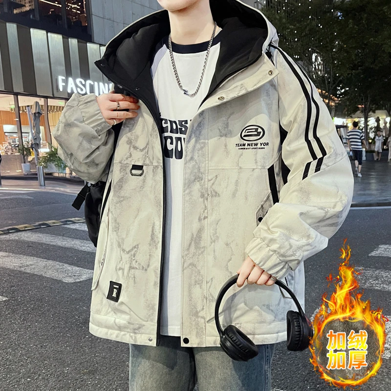 加绒加厚冲锋衣男秋冬季扎染工装夹克男冬装宽松休闲保暖连帽外套