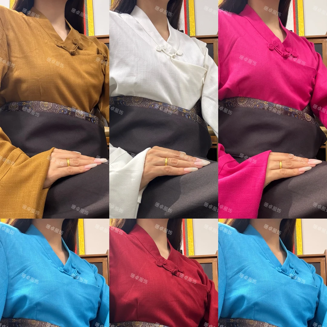 【珊卓服饰】女士纯色V领藏式衬衣手工盘扣宽松大袖民族风锅庄舞服