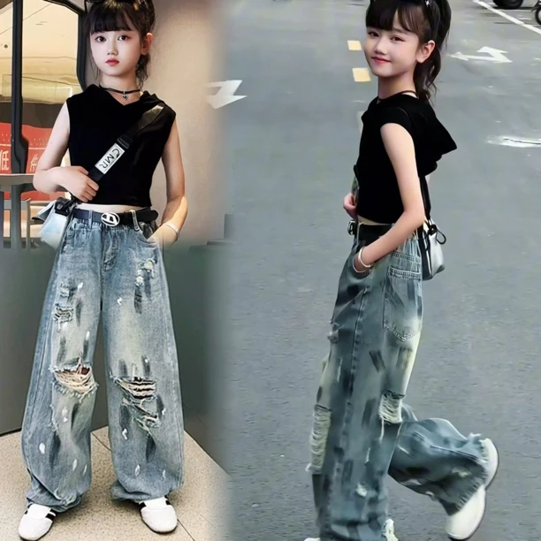 女童裤子2025新款中大童夏季薄款连帽短袖泼墨牛仔裤嘻哈美式套装