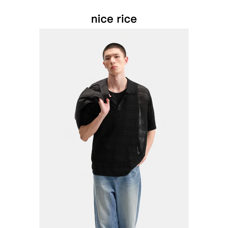 nicerice好饭25夏季镂空宽松polo领短袖针织衫NHX05036