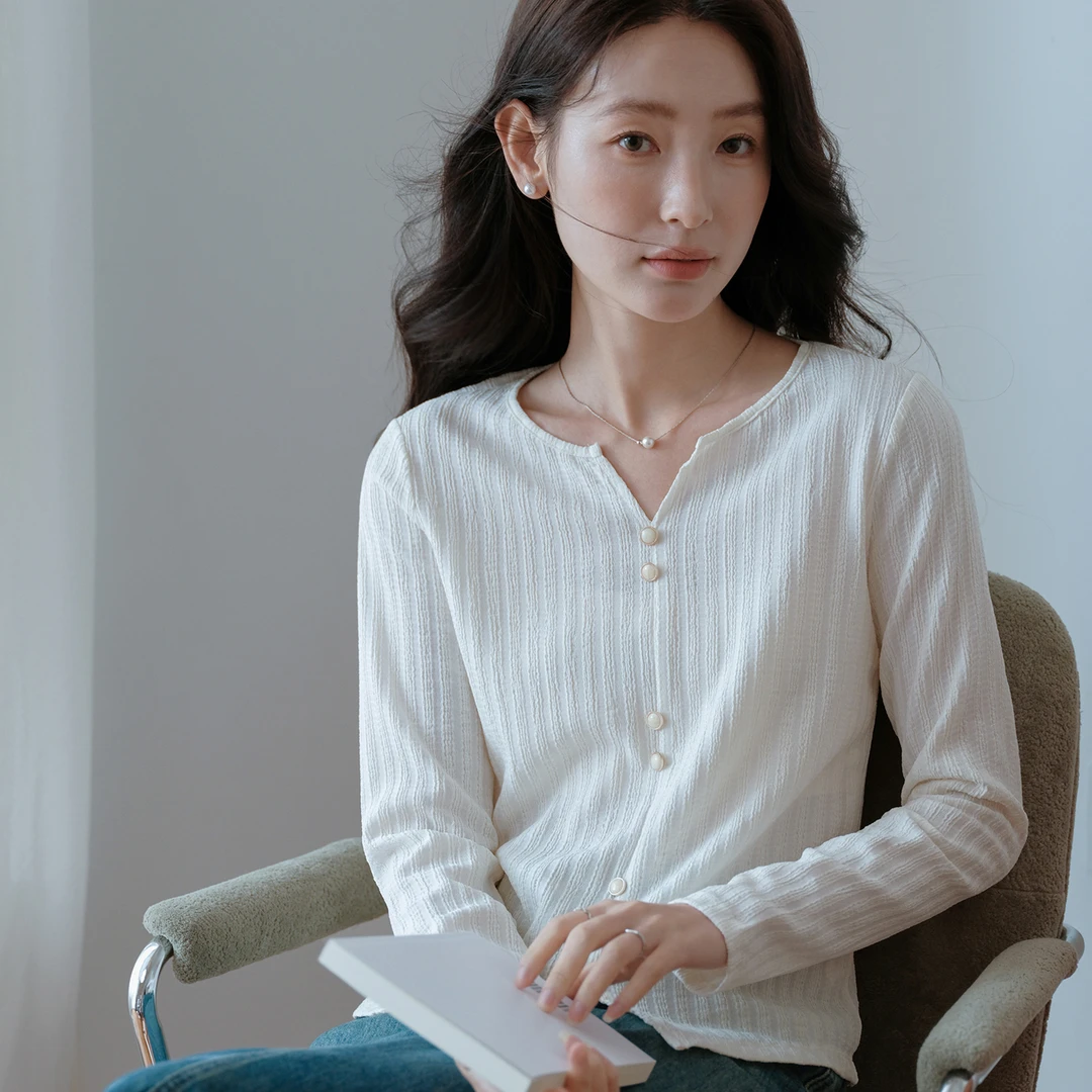 原水2025秋季新款肌理感法式T恤女长袖正肩早秋上衣T58077