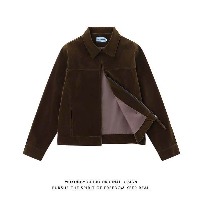 悟空有货美式复古磨砂防翻领夹克男潮牌cleanfit宽松休闲外套