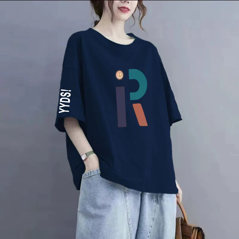 200斤纯棉短袖t恤女新款大码宽松显瘦洋气韩版休闲遮肉圆领上衣女