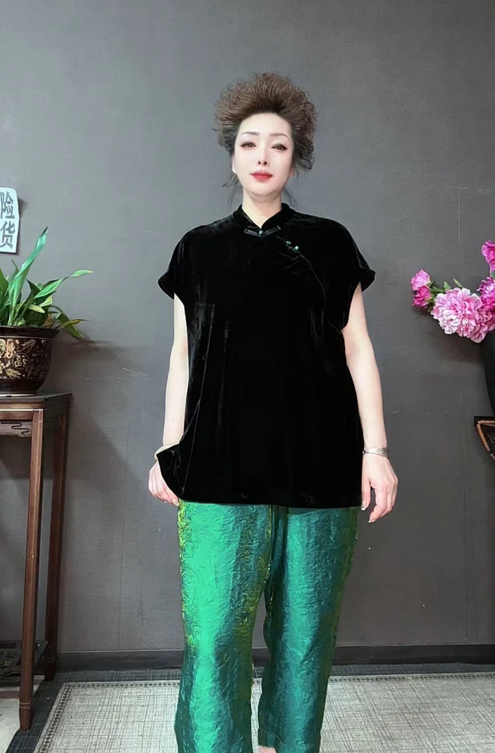 三姐家夏季超薄超柔小立领丝绒上衣