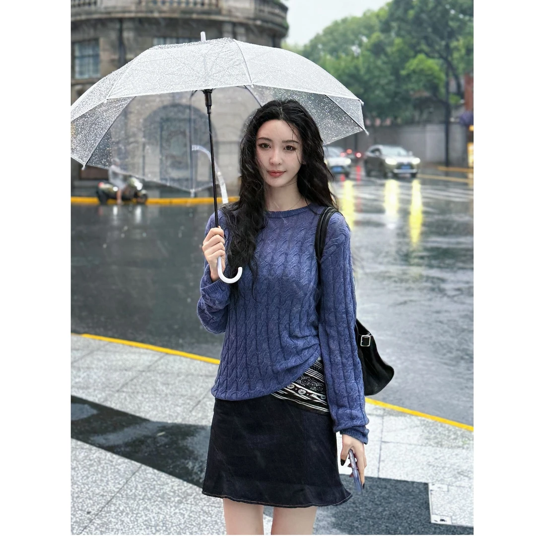 菠萝宝宝yuna【深海谜蓝】蓝色绞花麻花套头羊毛绒衫YH16