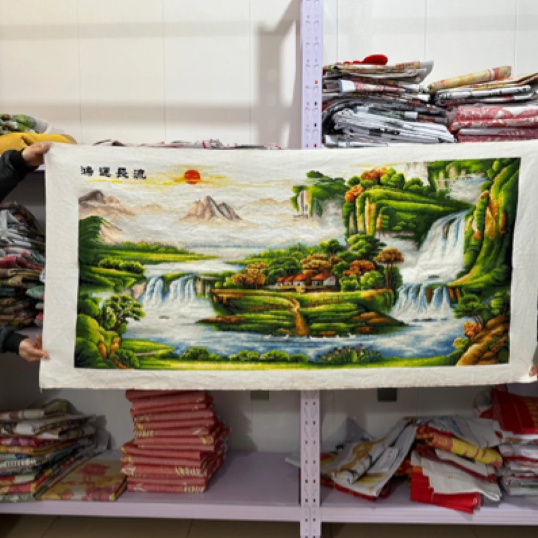 纯手工十字绣成品鸿运长流流水生财客厅山水风景画现代163×83厘米