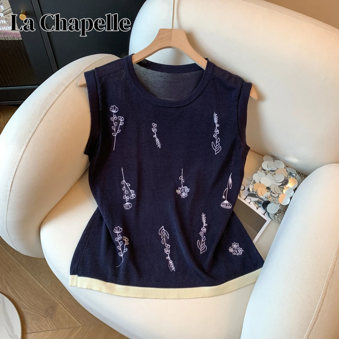 拉夏贝尔复古刺绣花朵圆领无袖针织背心女夏季宽松显瘦百搭上衣