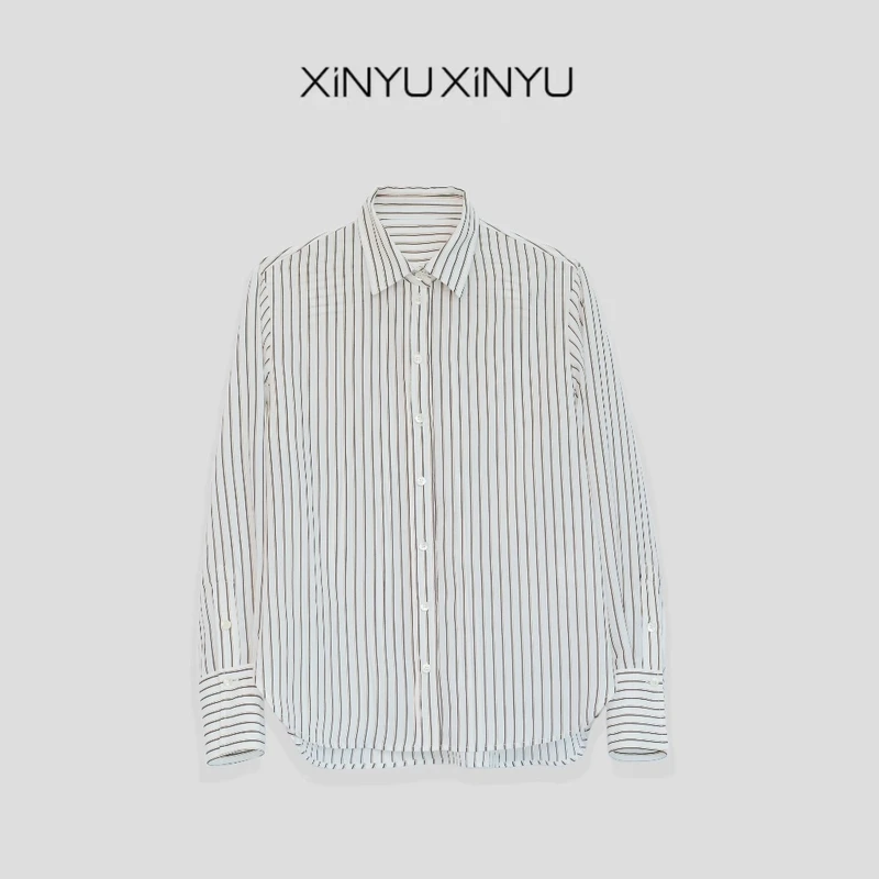 XINYU/芯与小翻领多配色高级感竖条纹衬衫 131360 休闲 衬衣 长袖