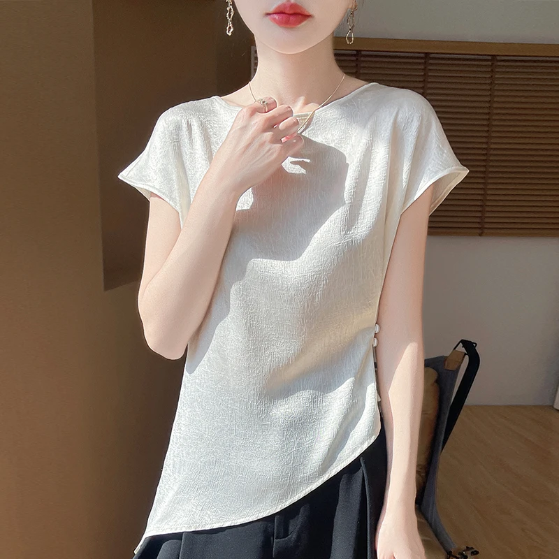 夏季新款圆领背心女纯色不规则设计感薄款外穿减龄T恤上衣短袖
