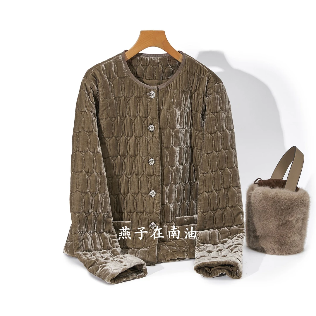 【燕子在南油】秋冬新款55衣长圆领桑蚕丝夹棉外套2463