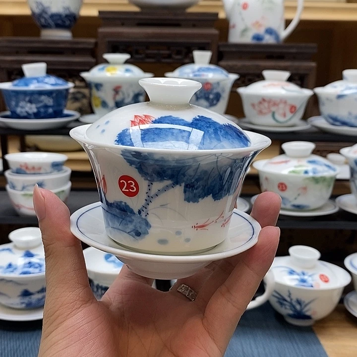 手绘荷花盖碗釉下彩高温微瑕福利