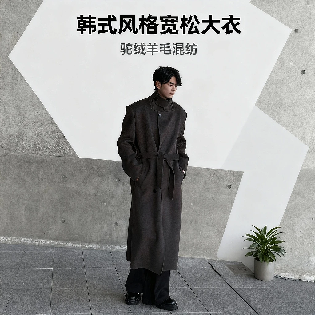 AMT高端定制驼绒羊毛设计款腰带立领设计感冬季大衣