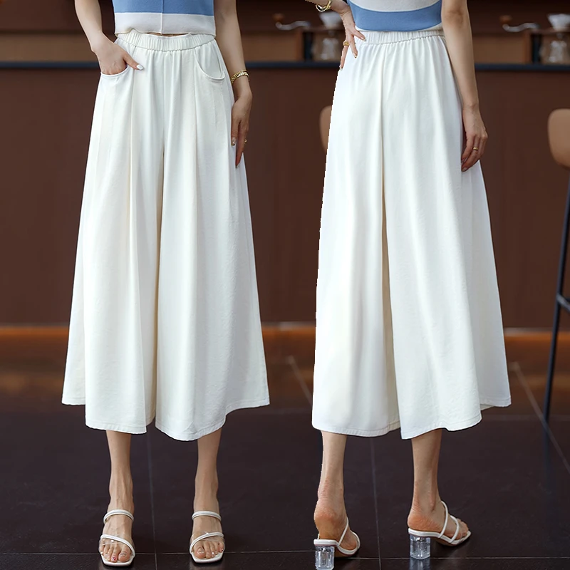 冰丝阔腿裙裤女2025夏季新款高腰米白色中年妈妈裤子八分裤裙薄款