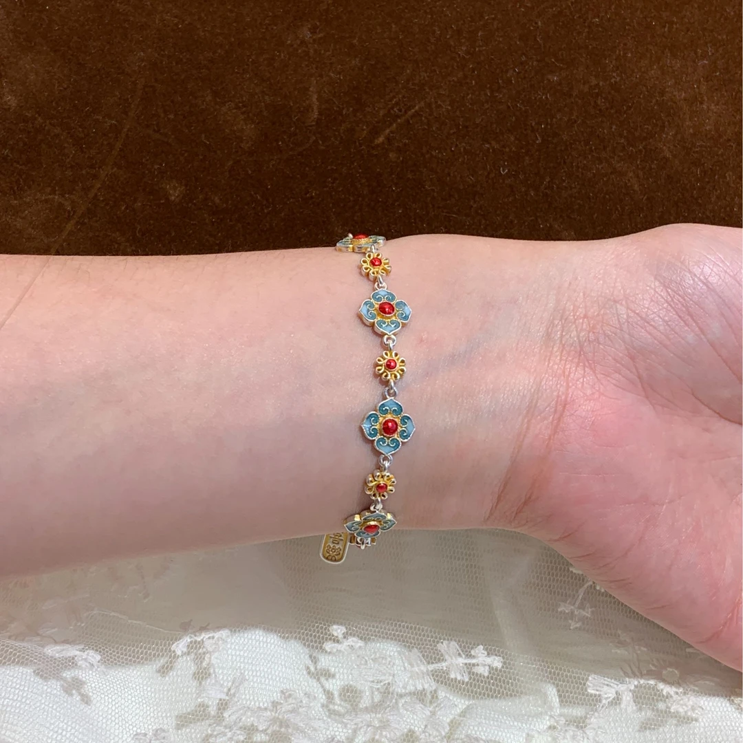 足银珐琅手链 燕归yangui“兰月宫”足银999.9宫廷风珐琅手链