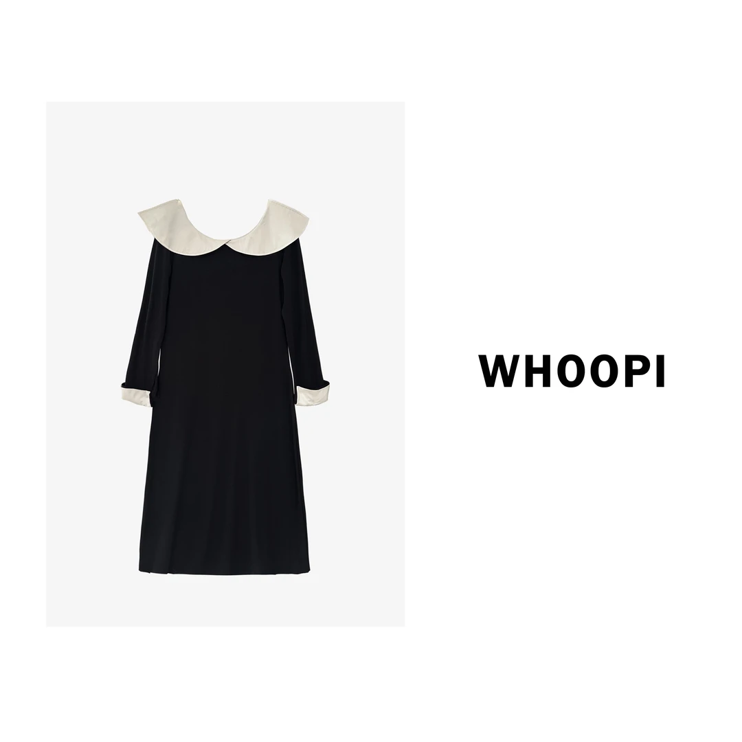 【Whoopi】【黑白冷萃裙子版】气质优雅荷叶领撞色拼接连衣裙