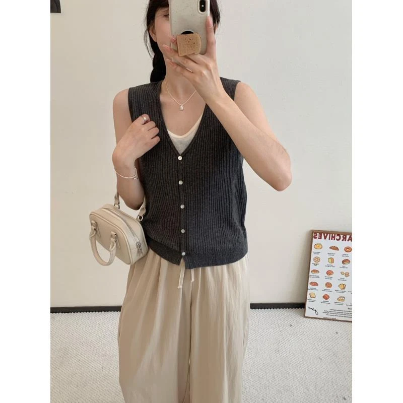 小雅姐姐  定制竖坑条无袖假两件短袖背心IA05