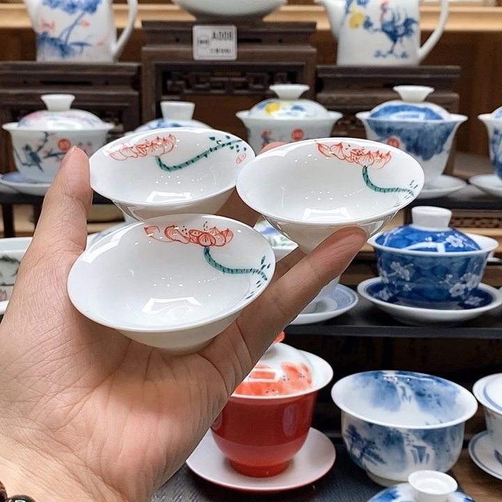 手绘3个装荷花斗笠杯55cc釉下彩微瑕福利款