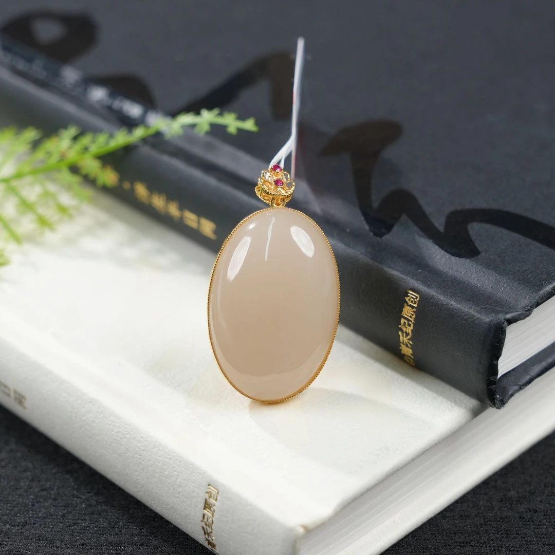 【泽云珠宝】18k和田玉藕粉双面蛋面吊坠多样性发一29*19*11