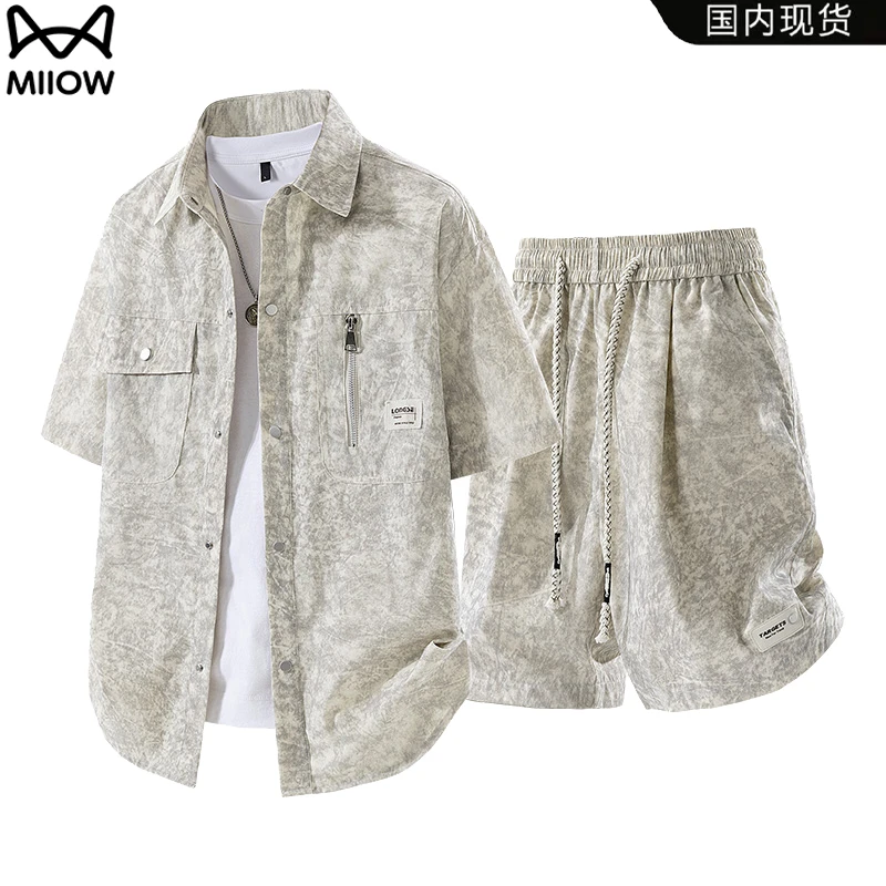 猫人套装夏季户外运动休闲衬衫套装美式复古扎染短袖T恤上衣男士