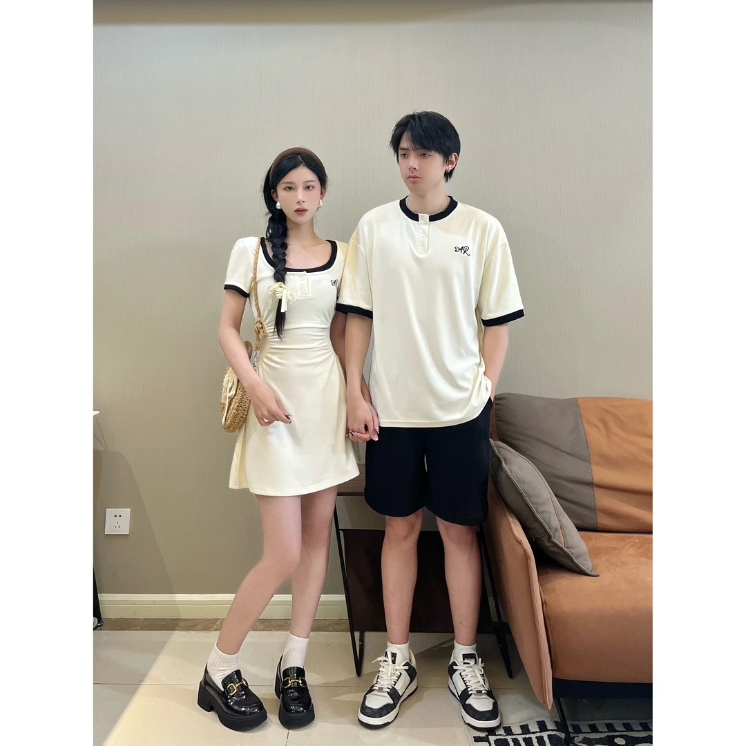 小众设计感情侣装夏季刺绣短袖T恤撞色收腰连衣裙法式一裙一衣ins