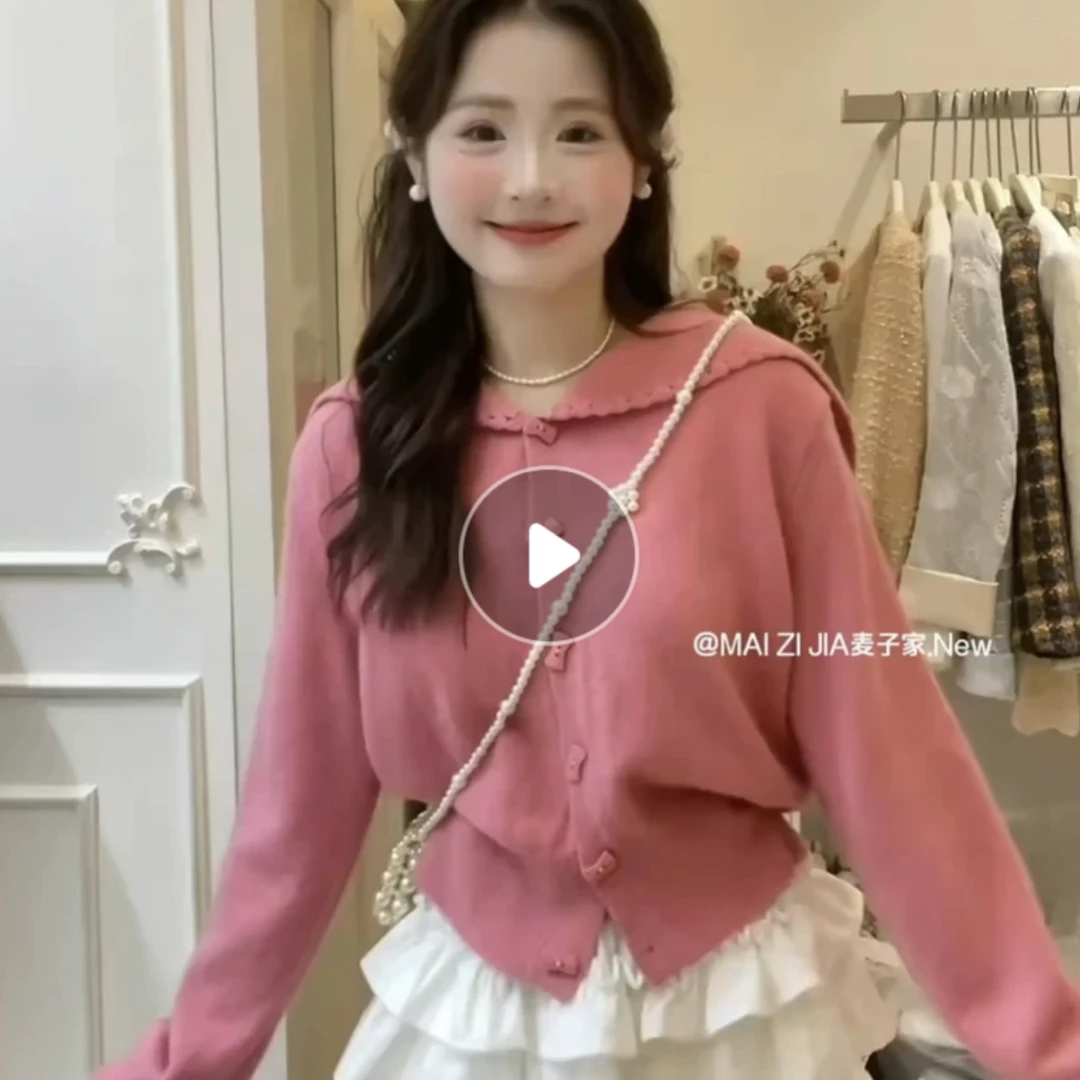 减龄甜美海军领定制蝴蝶结扣女秋冬季毛长袖针织衫百搭